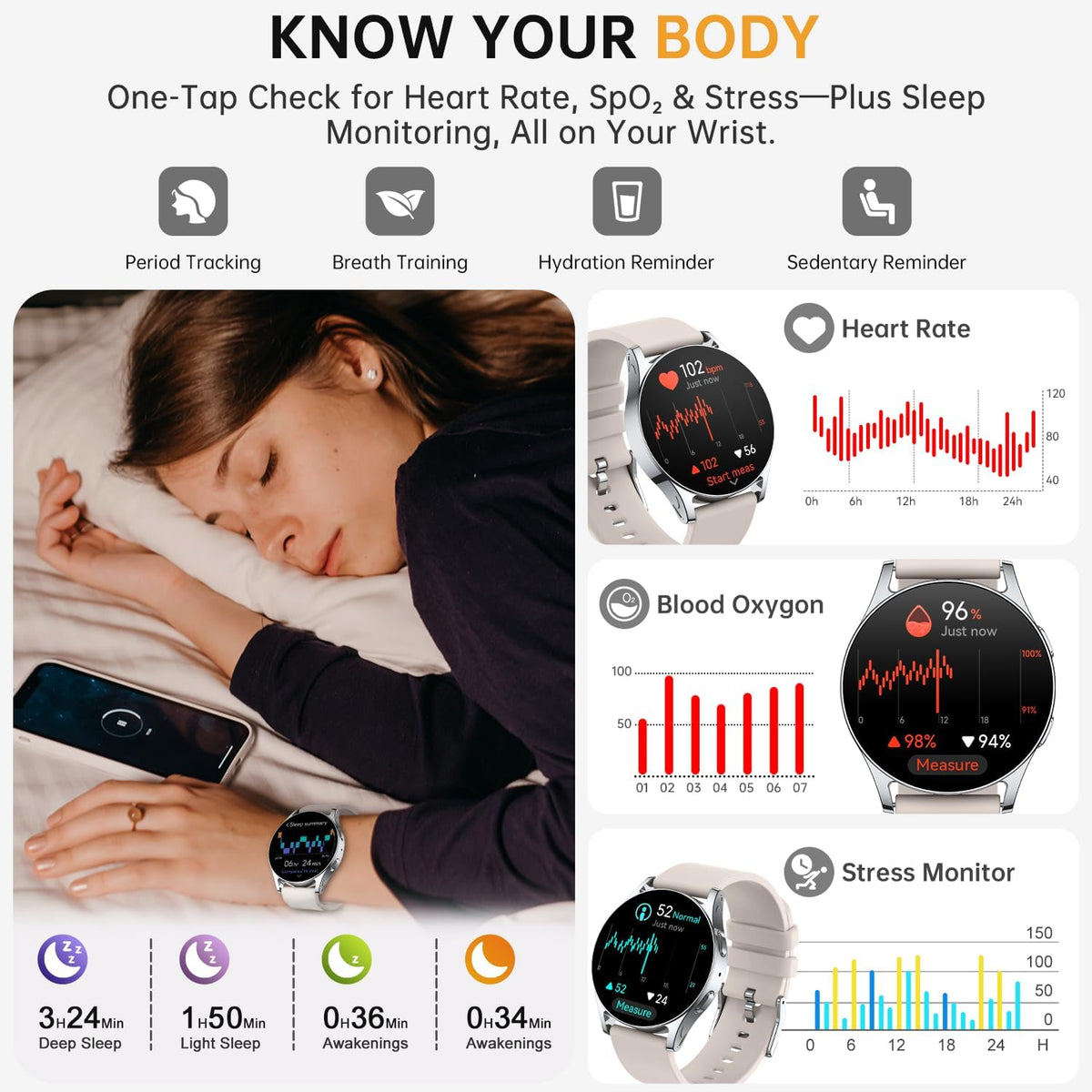 Reloj inteligente para mujeres y hombres, rastreador de actividad AMOLED de 1.614 in para Android iPhone con pantalla siempre encendida, más de 150 deportes, contador de calorías y pasos, monitor de sueño, responder/hacer llamadas (luz de estrellas)