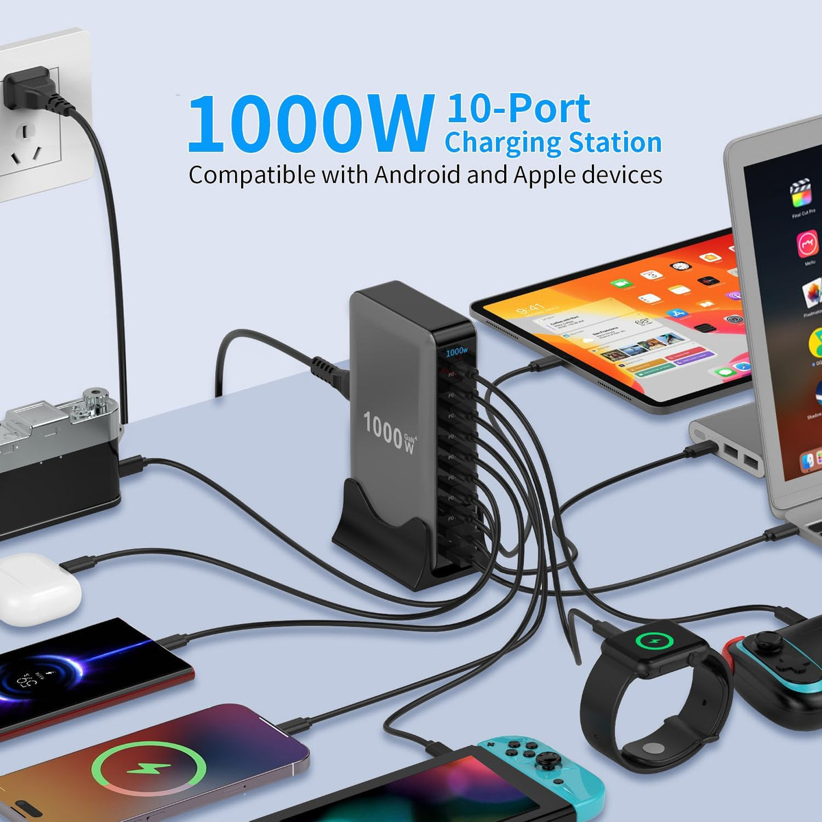 Estación de carga de escritorio GaN 4 de 1000 W y 10 puertos con cable de datos de 240 W y 6.6 pies, compatible con tabletas, teléfonos, portátiles, consolas de juegos, auriculares