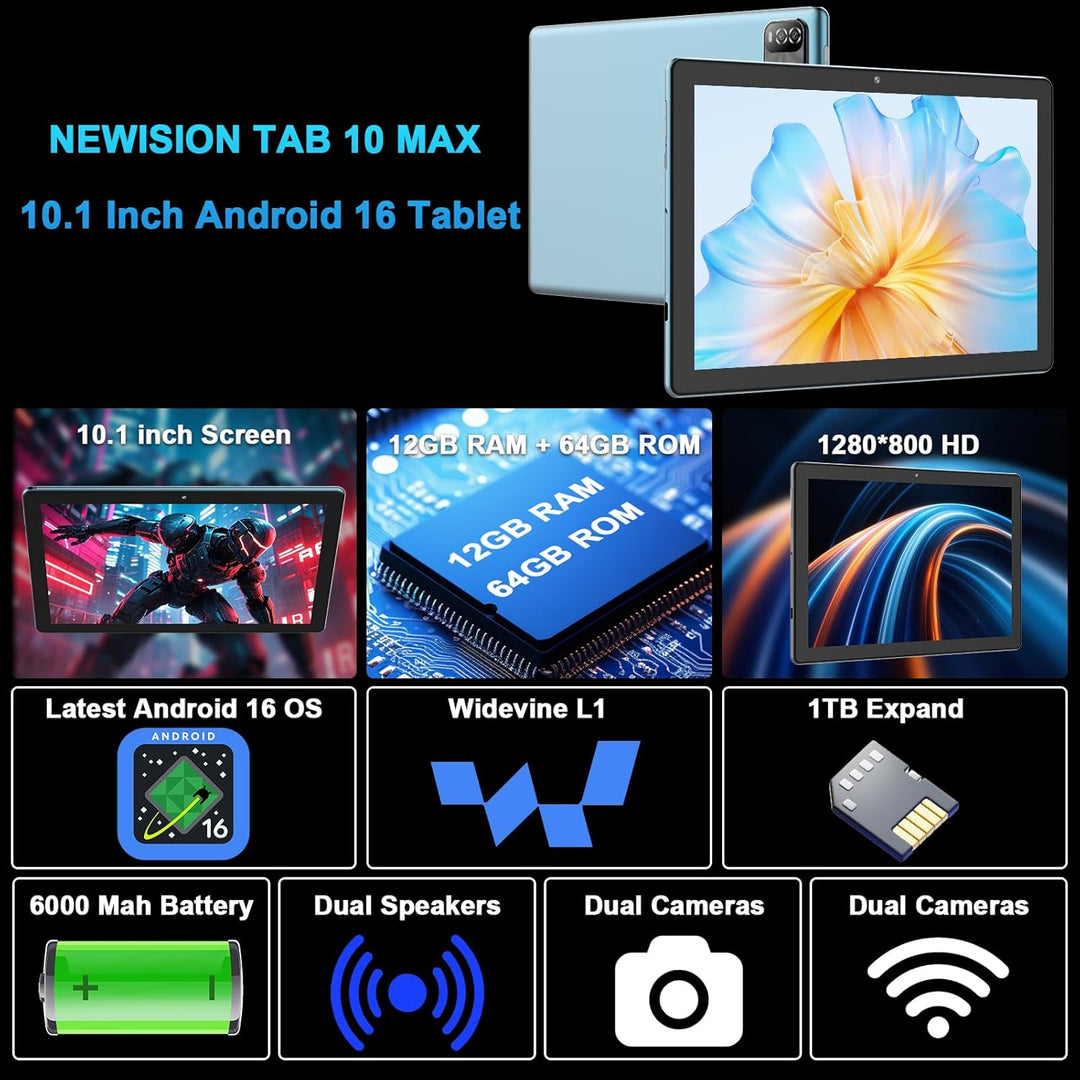 NEWISION Tablet Android 16 de 10 pulgadas con teclado, 12 GB de RAM...
