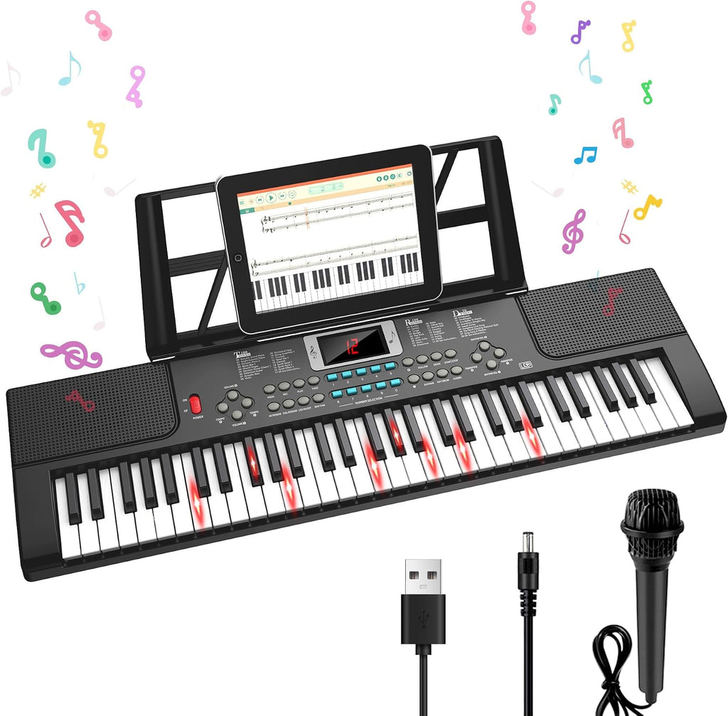 Teclado de piano para niños de 61 teclas con teclas iluminadas, modo de enseñanza, altavoz dual