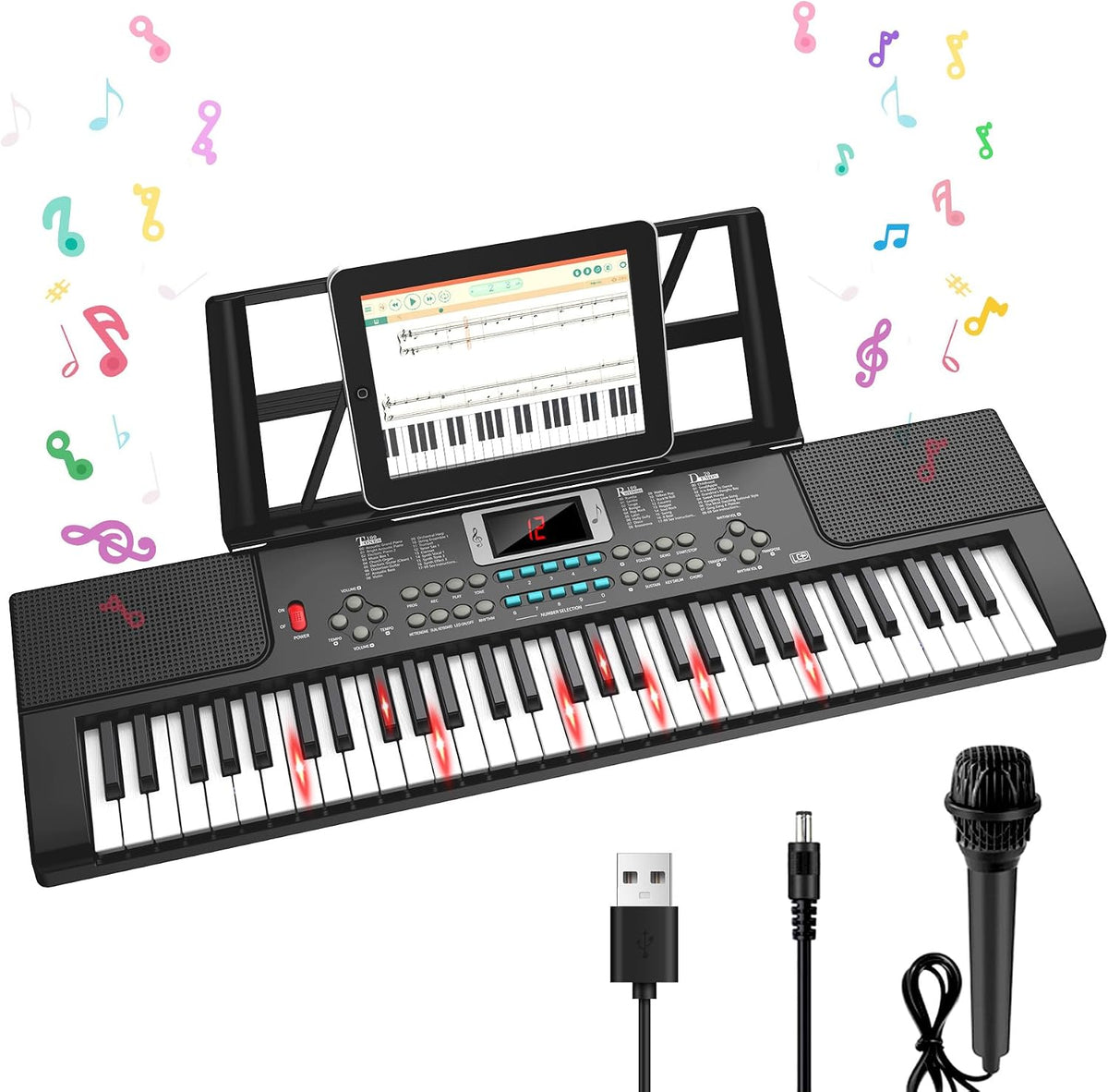 Teclado de piano para niños de 61 teclas con teclas iluminadas, modo de enseñanza, altavoz dual