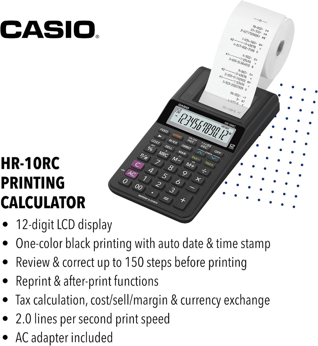 Casio Mini calculadora de impresión de escritorio HR-10RC, color negro
