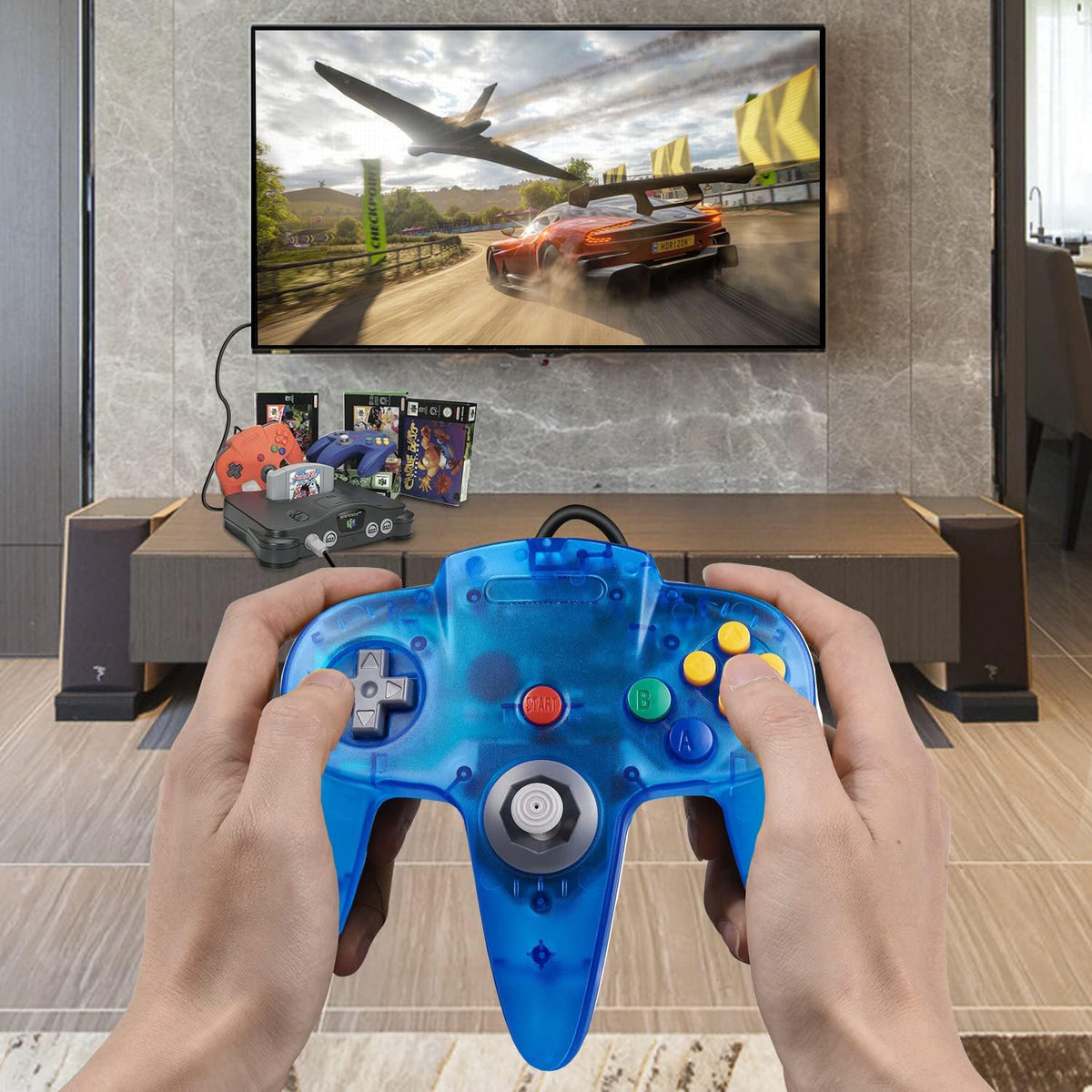 ZeroStory Classic N64 Controller, Controlador N64 con cable mejorado Joystick para Consola de Videojuegos N64 (Rojo Transparente y Azul Transparente)