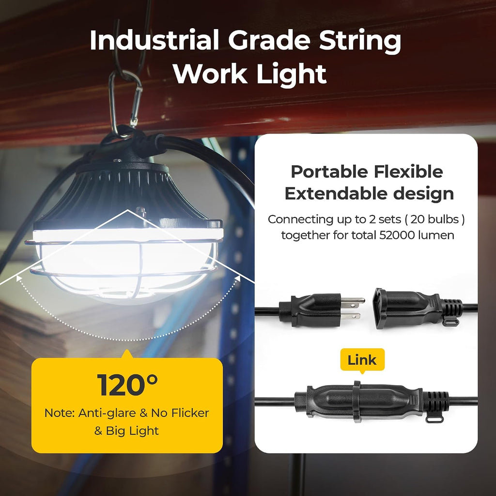 Cadena de luz de aluminio de 100 pies y 250 W, luz de construcción temporal