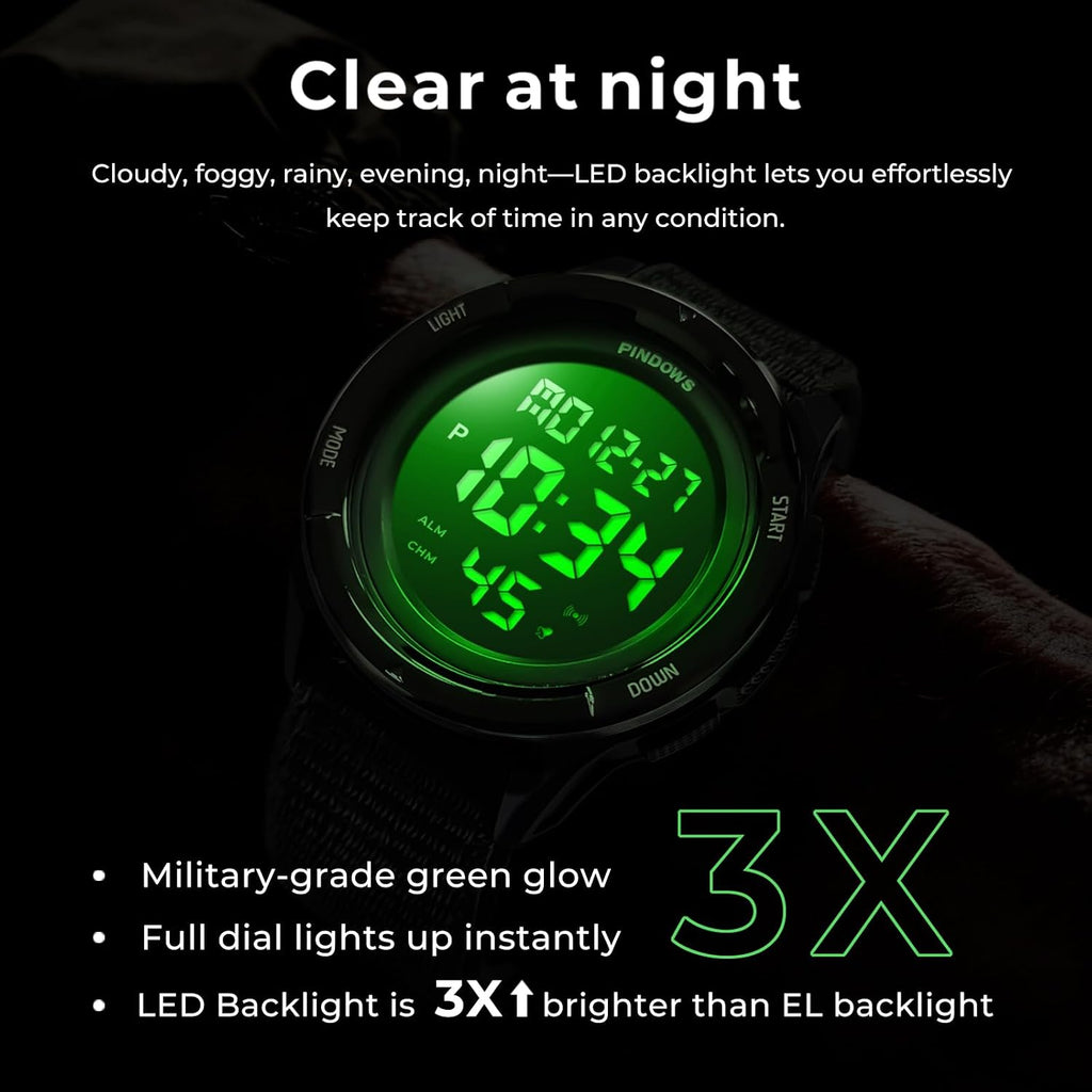PINDOWS Reloj deportivo digital para hombre, reloj de pulsera táctico militar de cara grande para hombres, resistente al agua hasta 164.0 ft, retroiluminación LED, alarma, cronómetro, reloj resistente