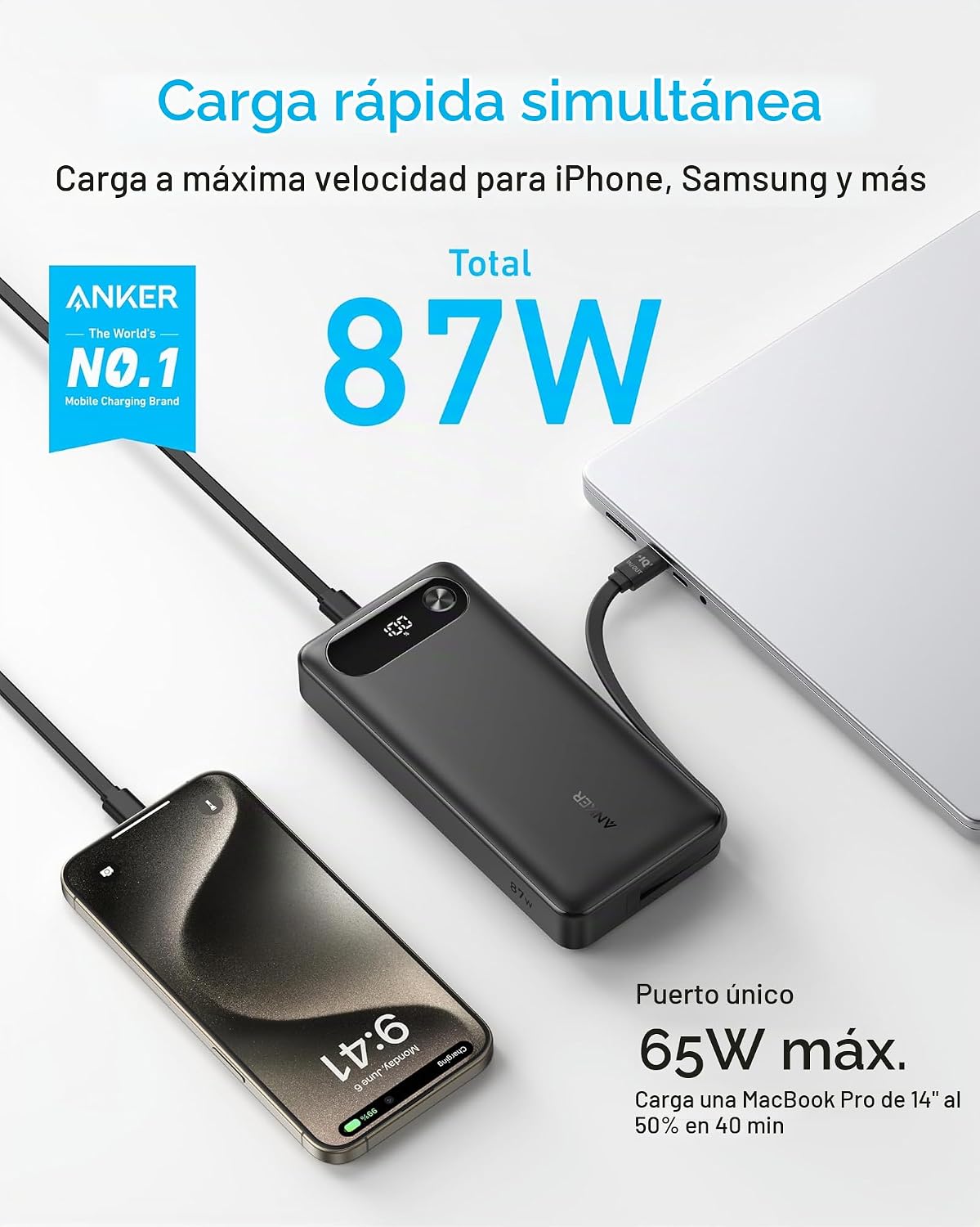 Anker Cargador portátil de 20,000 mAh con cable USB-C integrado con...