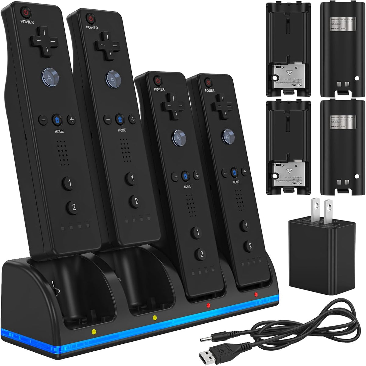 Remote Controller Charger para Wii/Wii U con 4 Pack 2800mAh Rechargeable Battery Pack, 4 puerto carga Station para Controller, Remotes Not Included