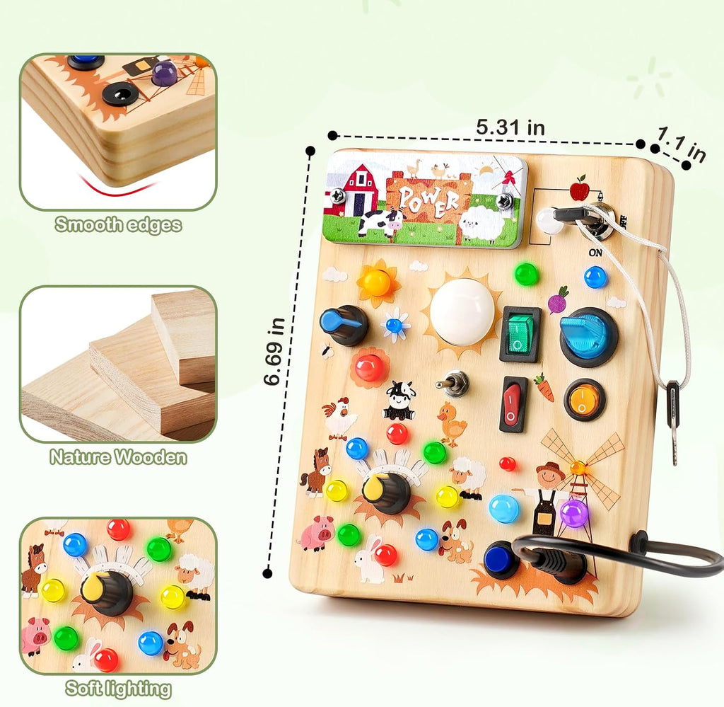Sanlebi Tablero LED ocupado para niños pequeños de 1 a 3 años, juguete Montessori con interruptor de llave, tablero sensorial de actividad de madera iluminado para habilidades motoras finas, juguete educativo de viaje, regalo para niños y niñas de 1, 2, 3