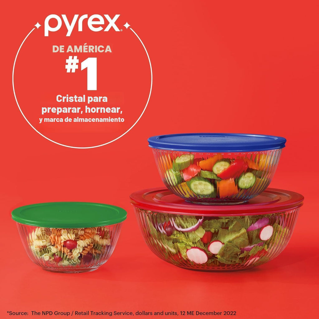 Pyrex Juego de cuencos de vidrio esculpidos (paquete de 3) con tapas de