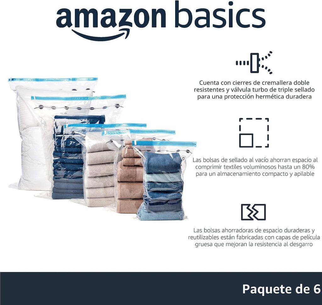 Amazon Basics Bolsas de almacenamiento al vacío para ropa, bolsas de almacenamiento de compresión que ahorran espacio con bomba de mano, resistentes, apilables, tamaño jumbo, transparentes