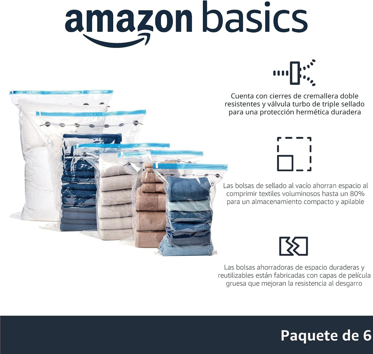 Amazon Basics Bolsas de almacenamiento al vacío para ropa, bolsas de almacenamiento de compresión que ahorran espacio con bomba de mano, resistentes, apilables, tamaño jumbo, transparentes