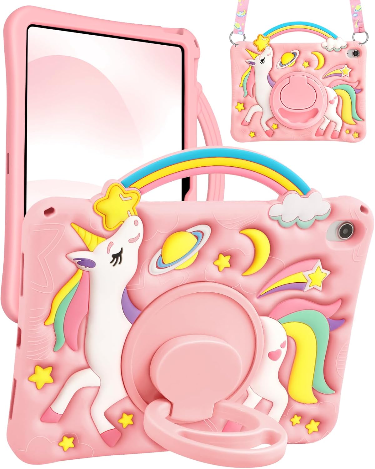 Boaretiu para iPad A16 Funda/Funda de 10ª Generación - Linda Funda de Tablet de 10.9 Pulgadas 2022 para Niñas y Adolescentes con Diseño de Unicornio Arcoíris y Correa y Soporte Giratoria de Silicona
