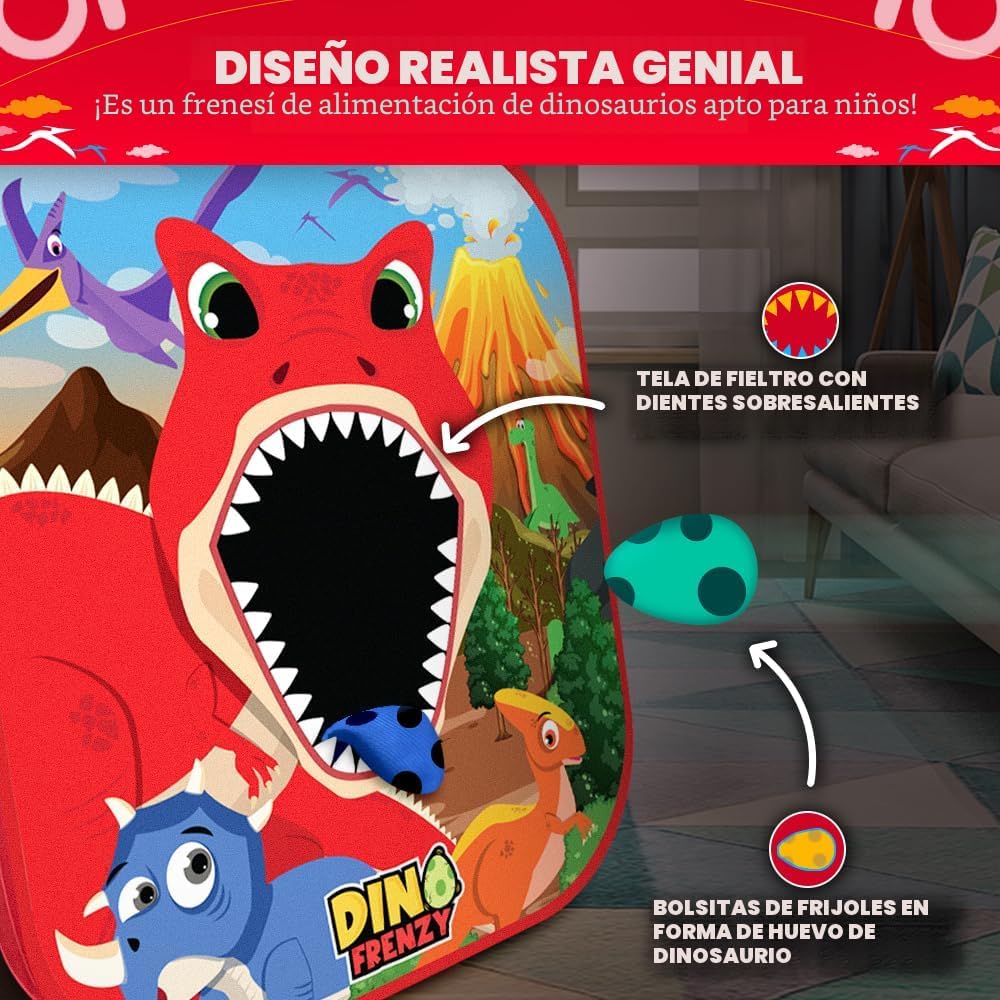 Swooc Games® - Dino Frenzy | Juegos de Corn Hole 2 en 1 para niños | Configuración de 5 segundos | Juego de lanzamiento de bolsas de frijoles de dinosaurio para niños | Juego de Cornhole para niños |
