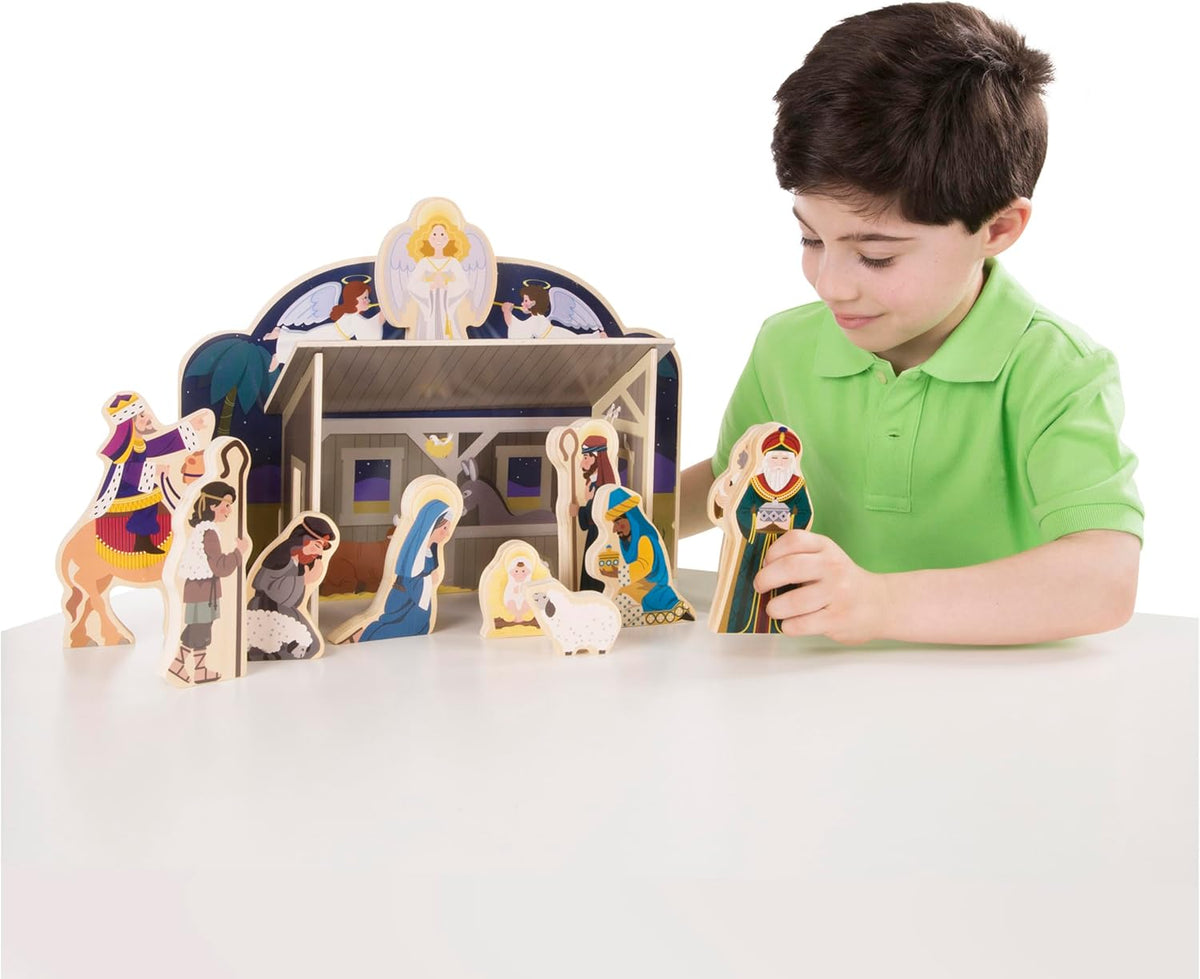 Clásico set de Navidad de Melissa & Doug, de madera, con establo de 4 piezas y 11 figuras de madera