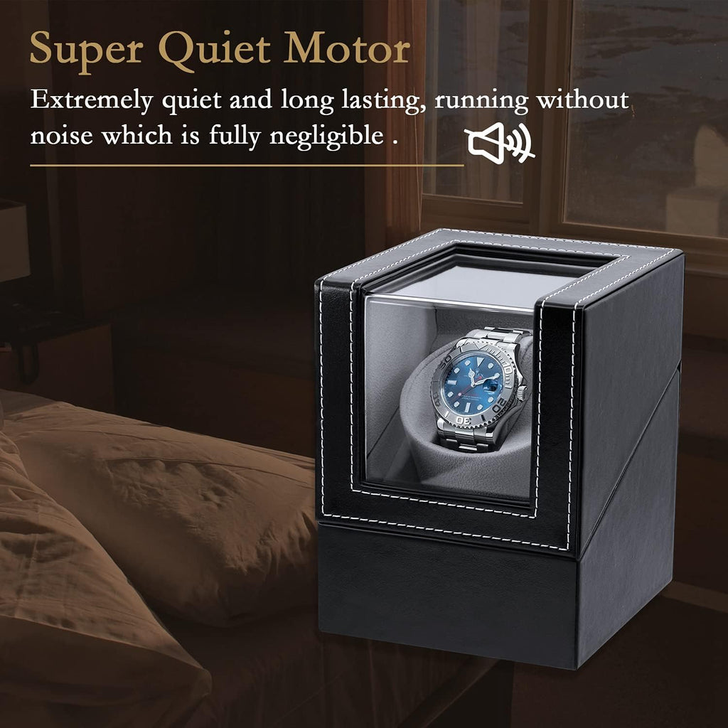 Mcbazel Caja Bobinadora Automática de Reloj de Cuero PU, Motor Silencioso con Enchufe, Caja de Exhibición y Almacenamiento para Relojes Automáticos