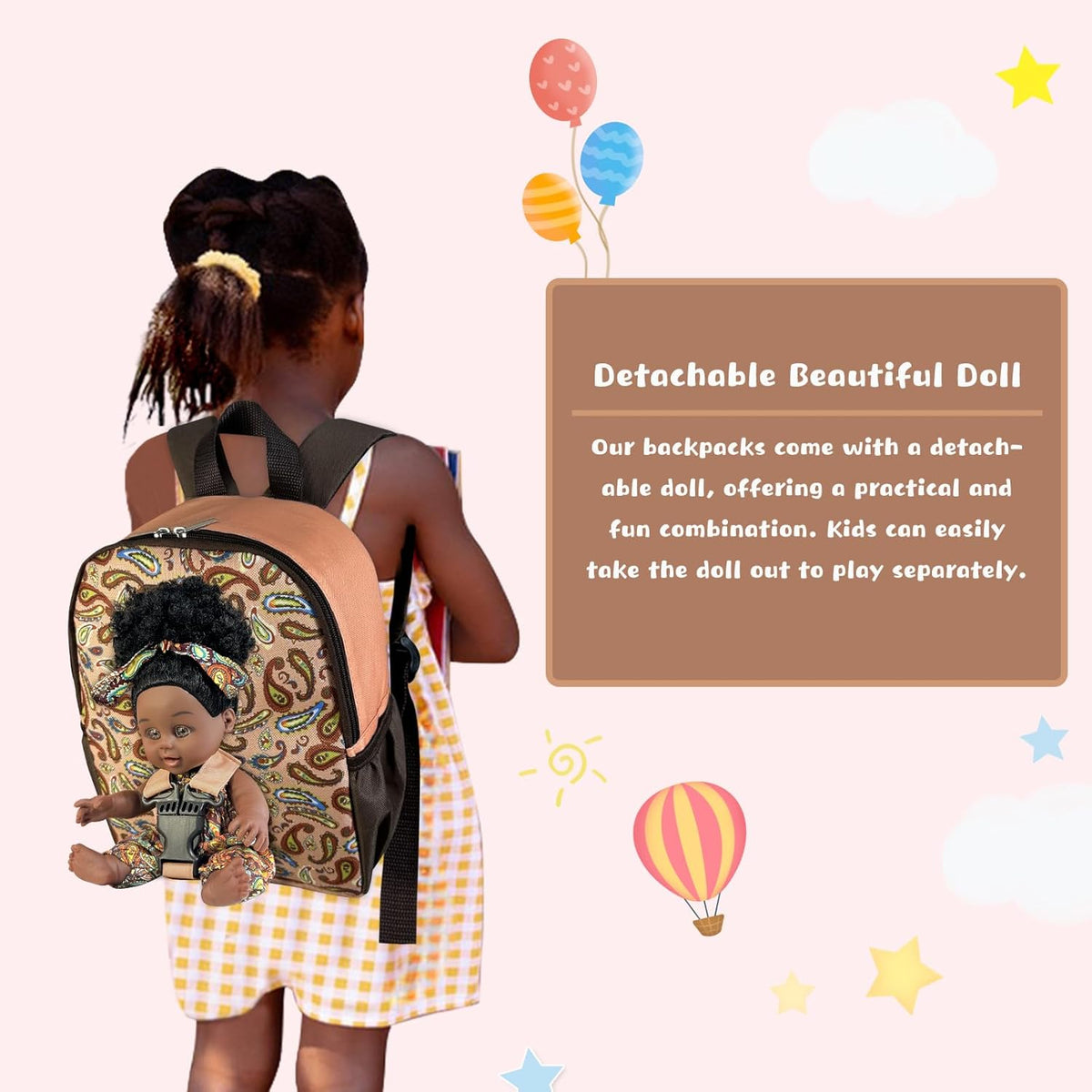 Nice2you Muñeca bebé negra con mochila portadora, muñeca de niña, 10 pulgadas