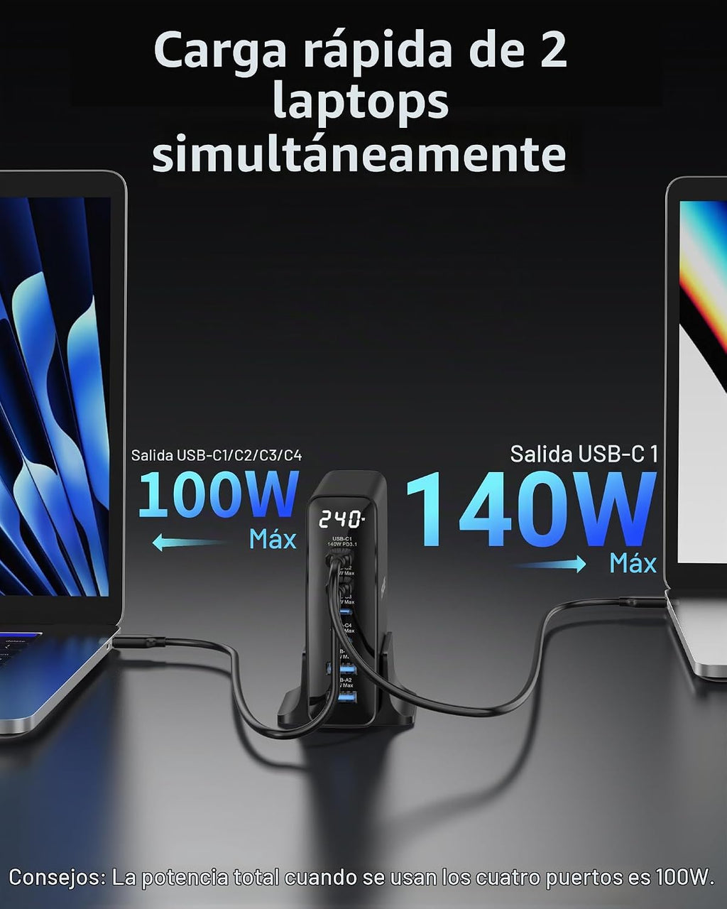 TOPADRE Cargador USB C de 240 W con pantalla, estación de carga de 6