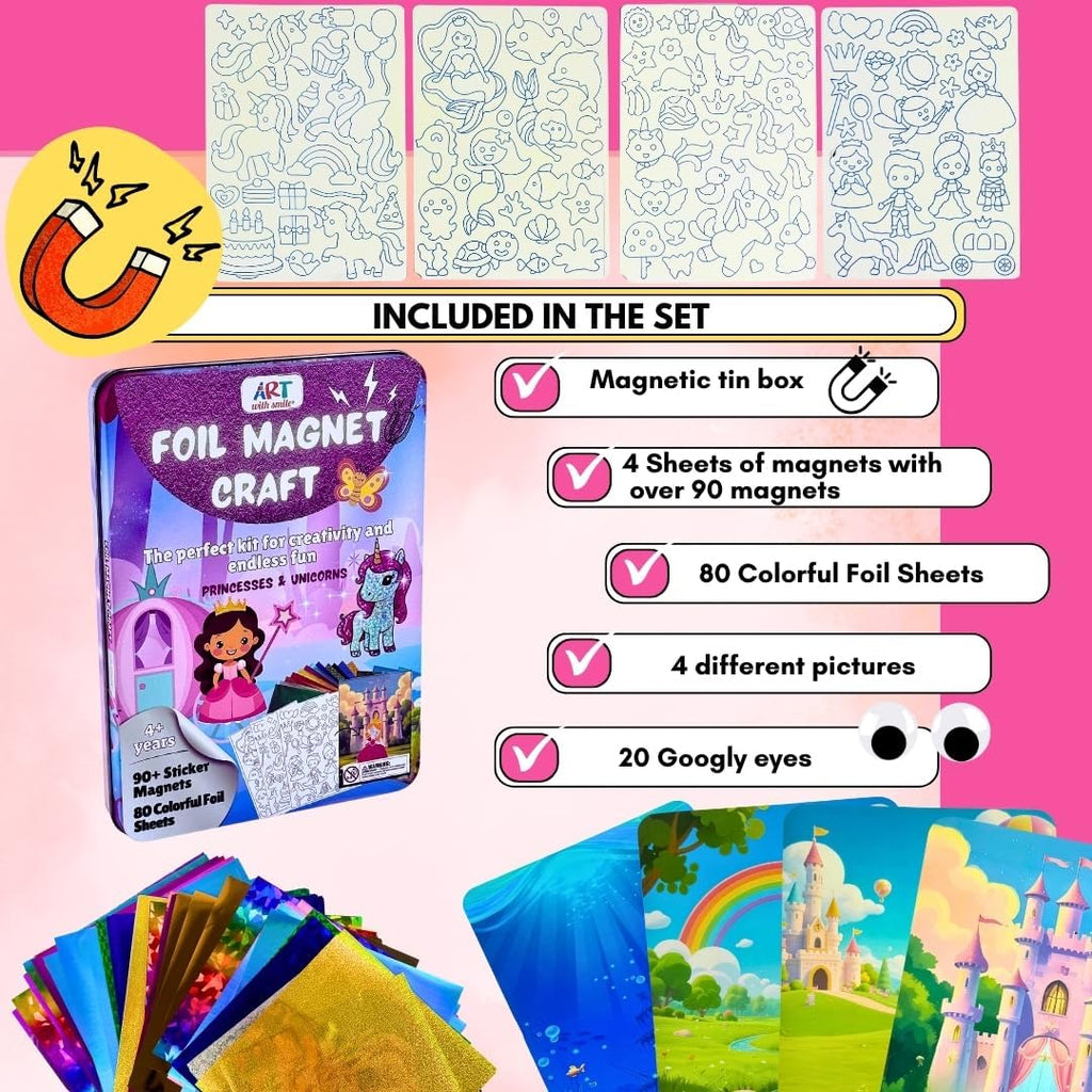 Kit de Arte en Foil Princess & Unicorn para Niñas - Caja Metálica Magnética con Imanes de Foil, Manualidad Reutilizable y Sin Desorden para Viajes, Kit DIY de Artes y Manualidades para Niñas de 4-8 y 8-12 años