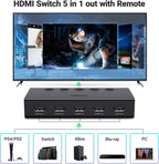 UGREEN Switch HDMI 5 en 1 Salida, 4K@60Hz, con Control Remoto, HDR, VRR, 3D, Negro