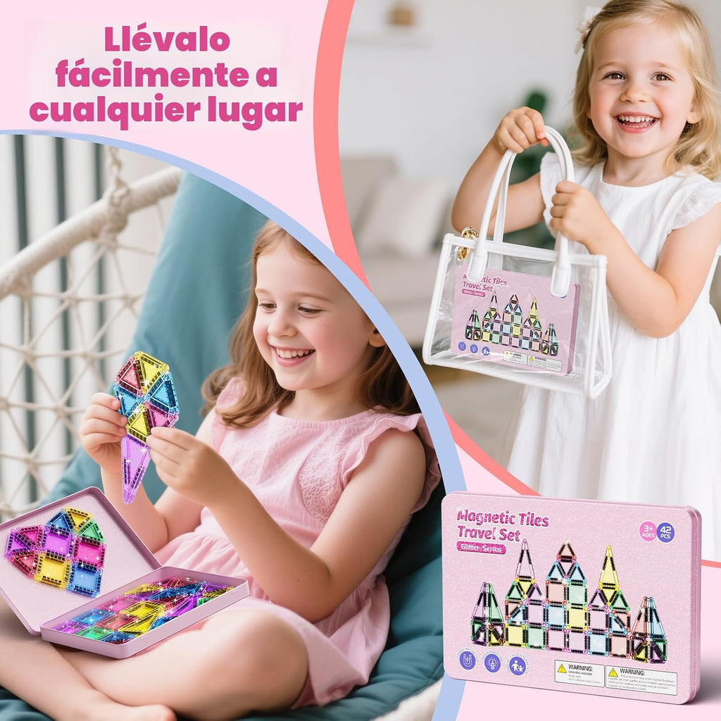 WMXDU Juego de 42 piezas de azulejos magnéticos con purpurina y caja de metal rosa, bloques de construcción STEM portátiles para niños de 3 a 8 años, juguetes educativos STEM Montessori para viajes en avión en automóvil