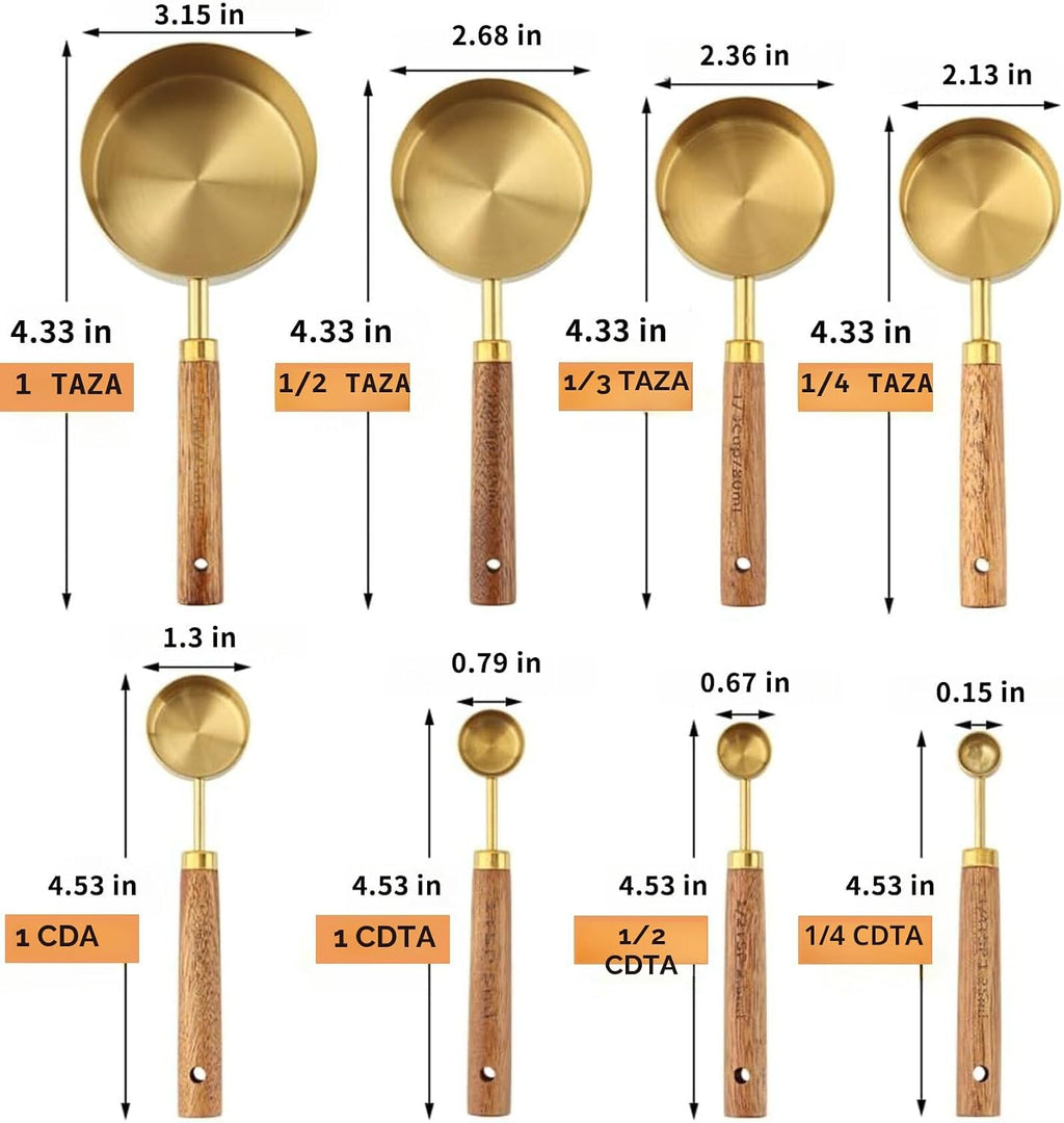 Juego de tazas y cucharas medidoras doradas con mango de madera de acero inoxidable US Metric