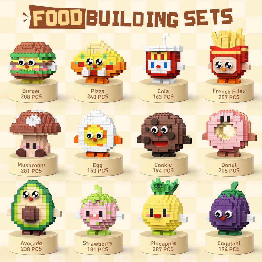 HIGH GODO Paquete de 12 juegos de construcción de recuerdos de fiesta de alimentos, mini juegos de bloques de construcción de alimentos, bolsas de regalo, estilo caja ciega para aula, juguetes de premios pequeños, regalos para adultos y adolescentes a