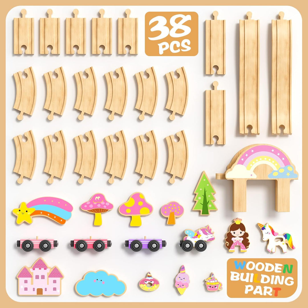 Juego de tren de madera de unicornio para niñas pequeñas de 2 a 4 a...