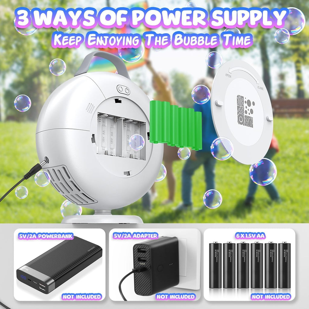 Máquina de burbujas, soplador automático de burbujas para niños pequeños, más de 8000 burbujas por minuto, enchufe eléctrico oscilante de 90° 200° o baterías para hacer burbujas, juguetes para fiesta