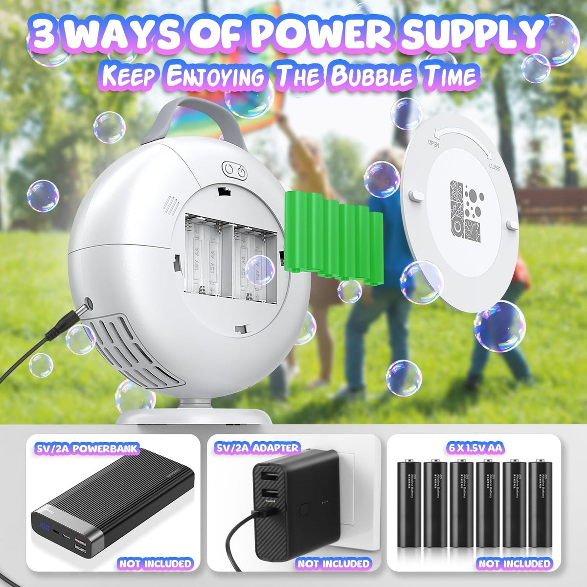 Máquina de burbujas, soplador automático de burbujas para niños pequeños, más de 8000 burbujas por minuto, enchufe eléctrico oscilante de 90° 200° o baterías para hacer burbujas, juguetes para fiesta