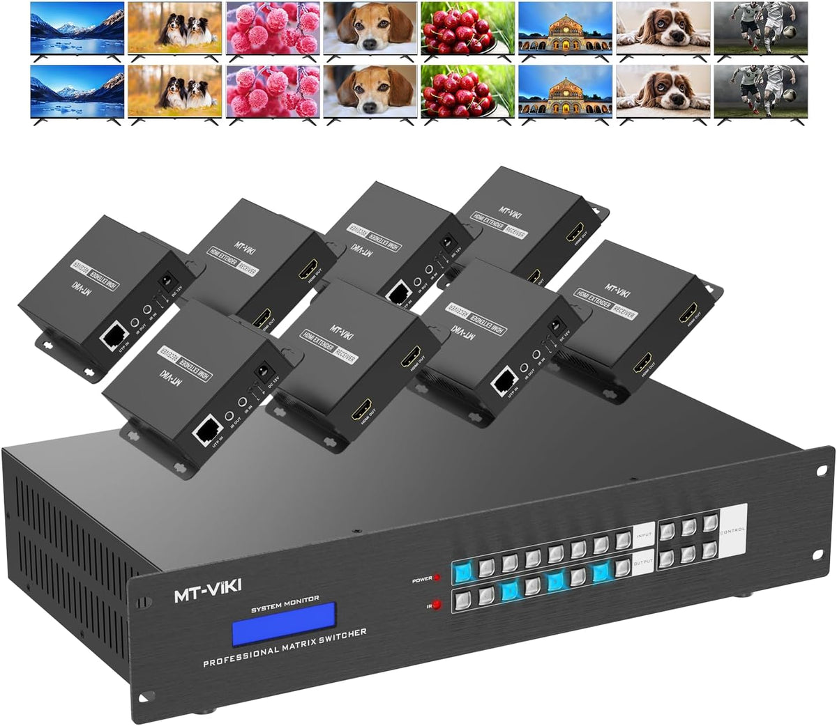 MT-VIKI Extensor de matriz HDMI 8x8 4K60Hz, 8 en 16 salidas con transmisión CAT6/7/8 de hasta 230 pies, alimentación POC, GUI web, control RS232, EDID para iglesia, conferencia y sistema AV Pro (con 8 receptores POC)