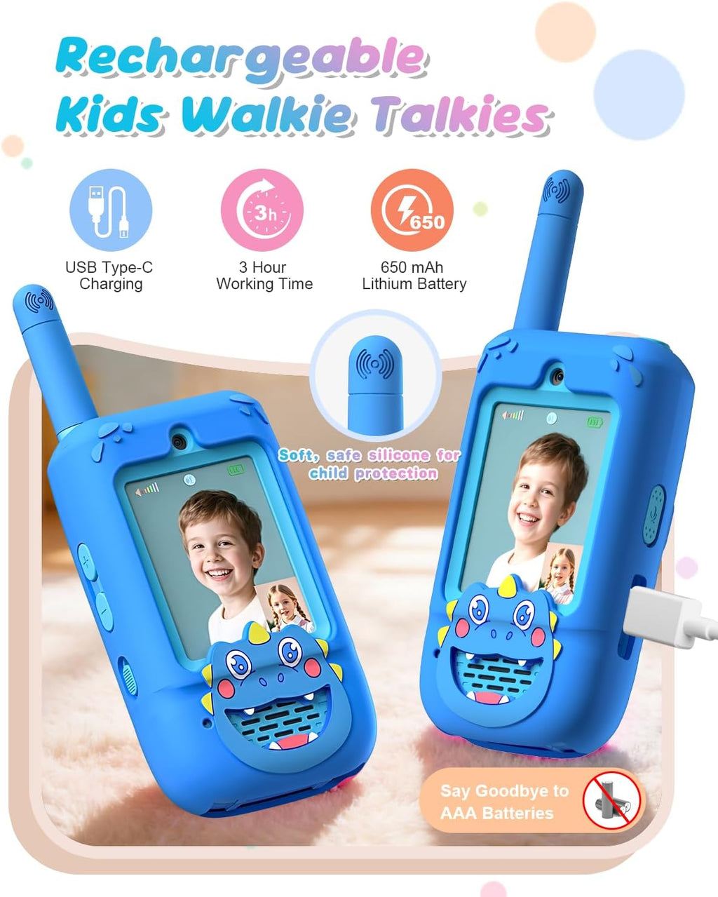Walkie Talkies de video para niños, paquete de 2 recargables con cámara HD
