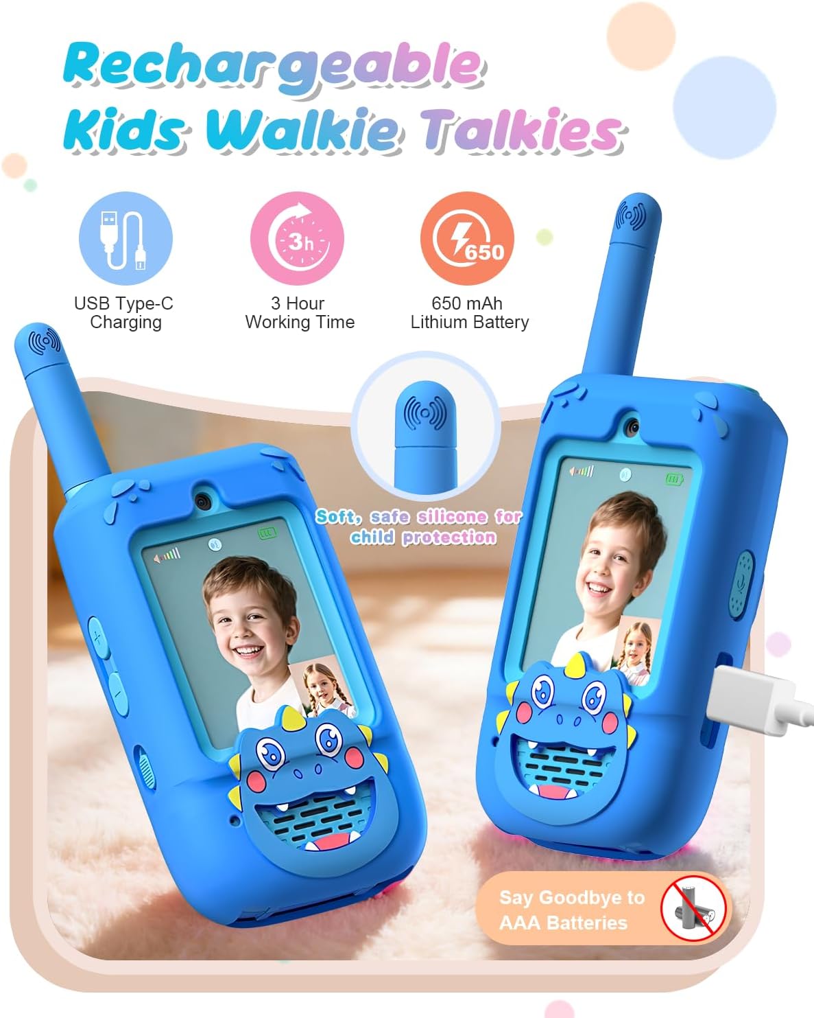Walkie Talkies de video para niños, paquete de 2 recargables con cámara HD
