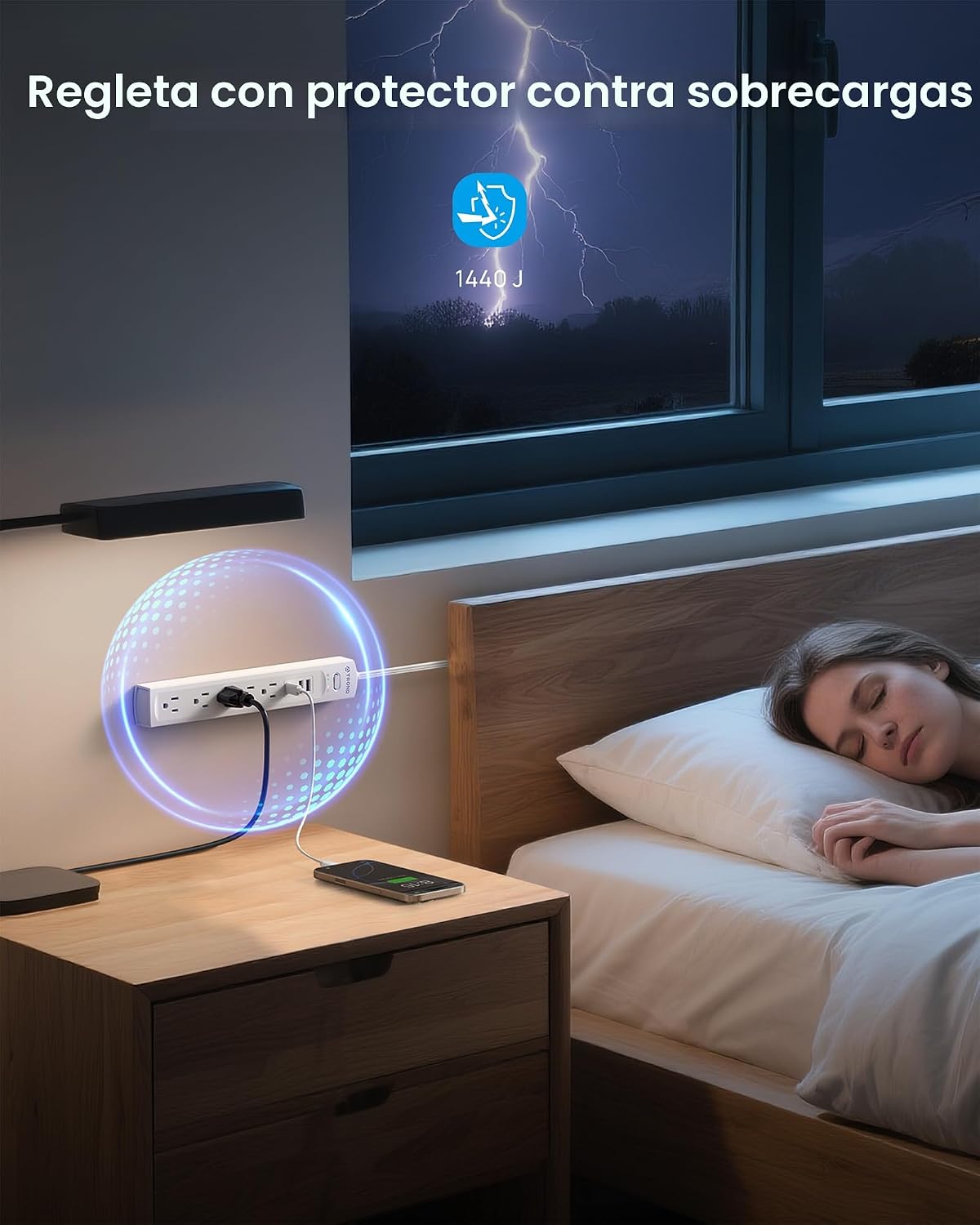 TROND - Tira de alimentación con protector de sobretensiones, enchufe plano giratorio 360°, 5 contactos ampliamente espaciados con 2 USB C y 2 USB A, protector de sobretensiones 1440J, montaje en