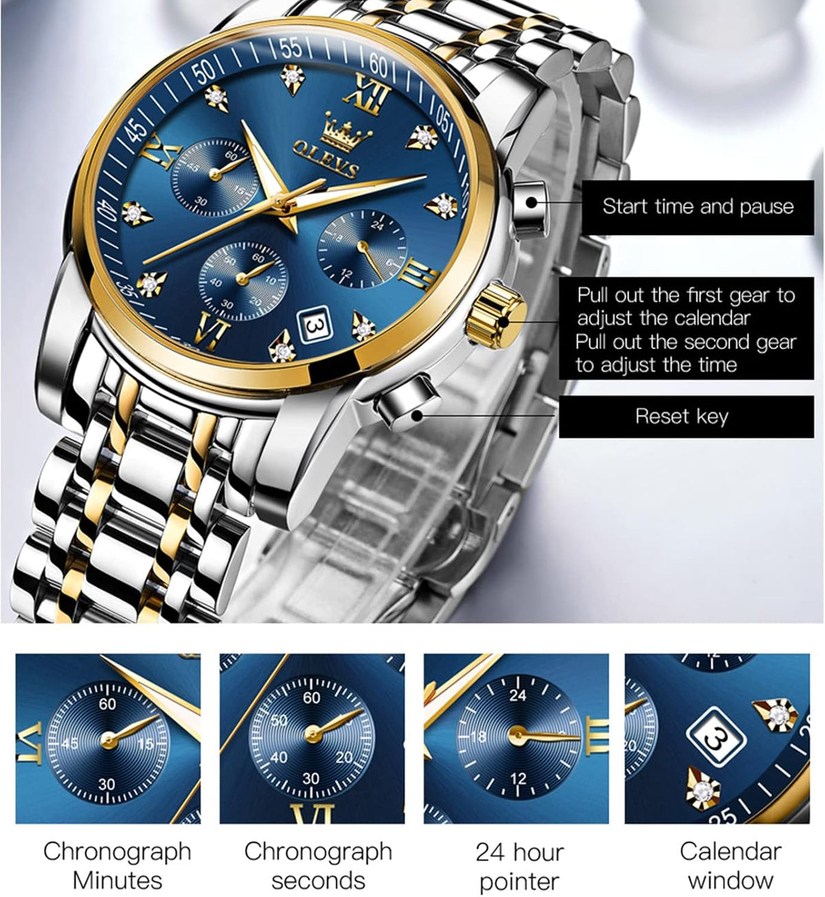 OLEVS Relojes de Oro para Hombres Reloj de Pulsera de Lujo a Prueba de Agua Gran Cara Elegante Acero Inoxidable Analógico Cuarzo Fecha Cronógrafo Luminoso Lectura Fácil Relojes de Negocios Regalos para Hombres Graduación