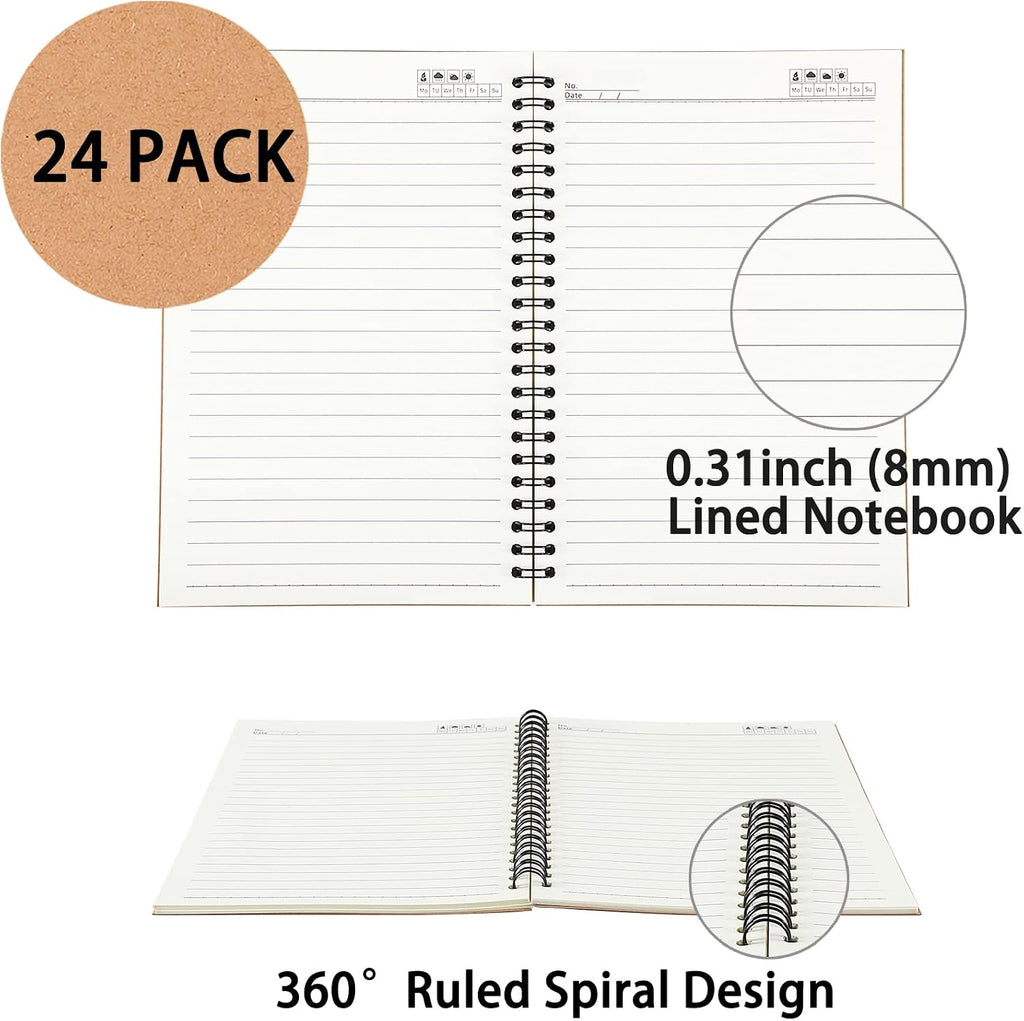 Paquete de 24 cuadernos espiral A5 con cubierta de papel kraft, 5x8 pulgadas, papel con líneas rayadas, para trabajo, bocetos, estudio, toma de notas, regalos, marrón (24 PIEZAS (con líneas))