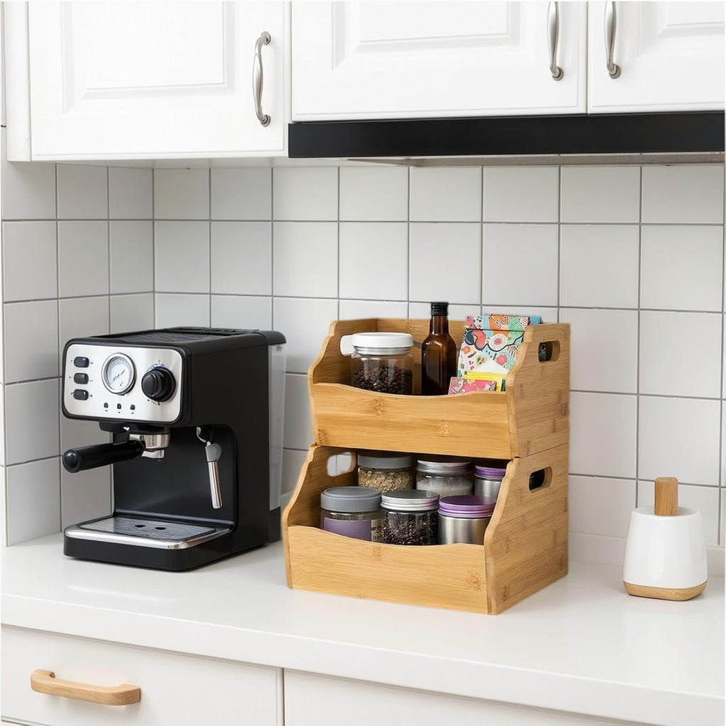 Paquete de 2 cubos de almacenamiento apilables de bambú, contenedores apilables de frente abierto para encimera, cesta organizadora de 2 niveles con asa, contenedor de alimentos y frutas para gabinete, cocina, estudio, oficina