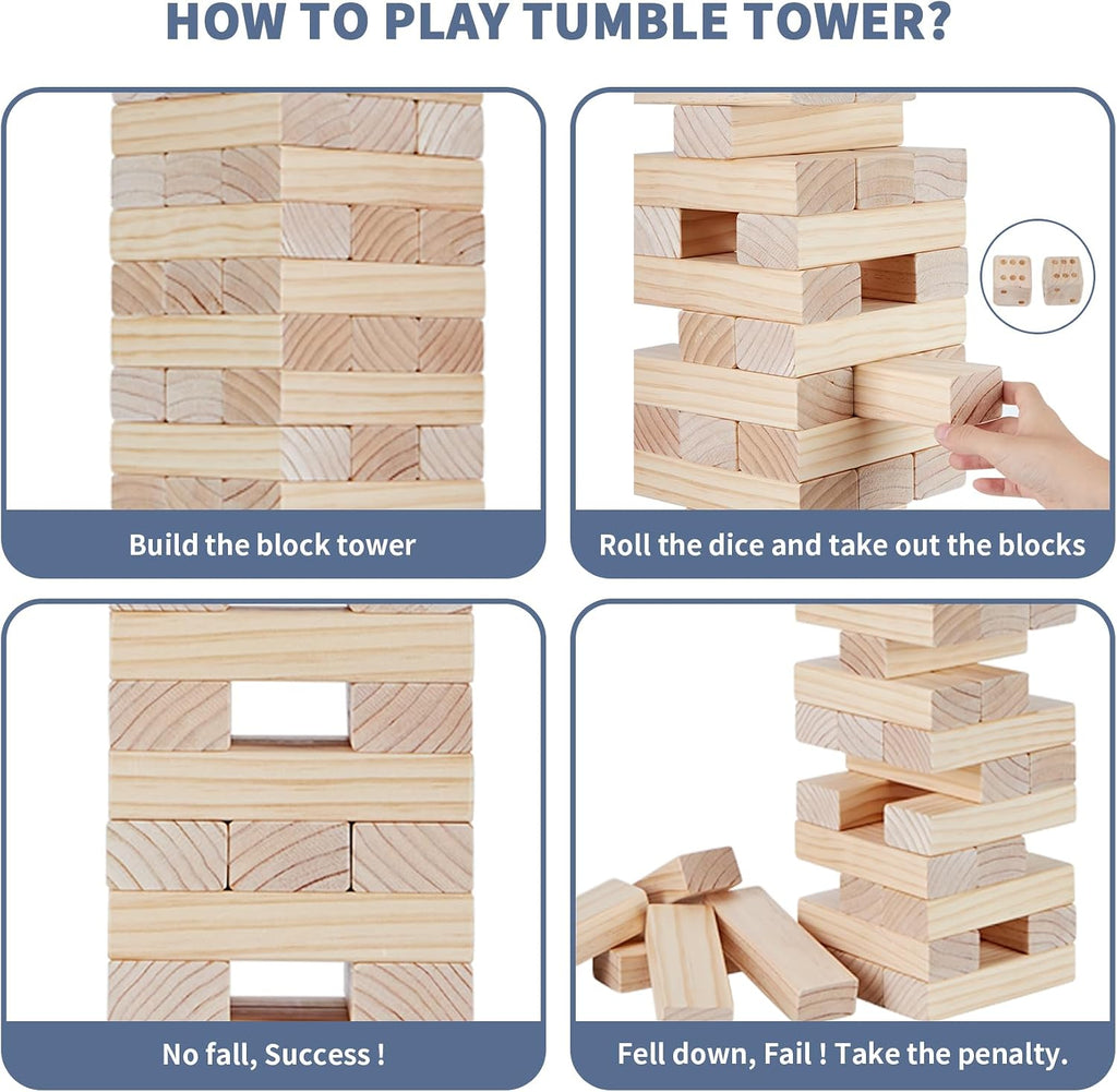 Megwoz- Torre gigante de más de 5 pies de alto, juego de apilar, 60 bloques de madera de pino de Nueva Zelanda; p/interiores/exteriores, fiesta de cumpleaños, para adultos y niños de todas las edades