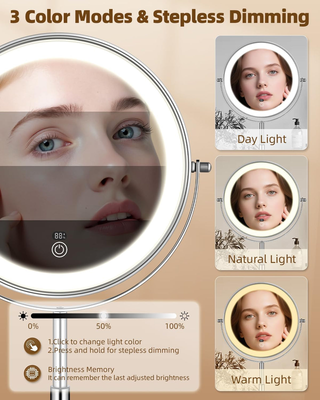 Espejo de maquillaje iluminado de 9 pulgadas con luz, espejo ajustable de