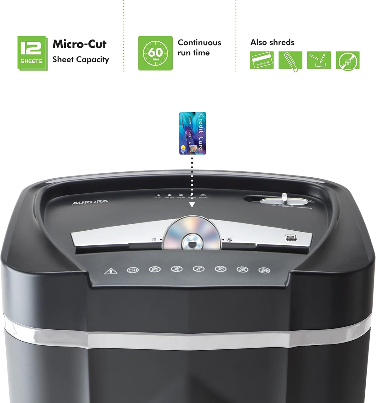 Aurora Grado Profesional de Alta Seguridad - Trituradora de Papel de Microcorte de 12 Hojas/CD y Tarjetas de Crédito/ 60 Minutos de Tiempo de Funcionamiento Continuo