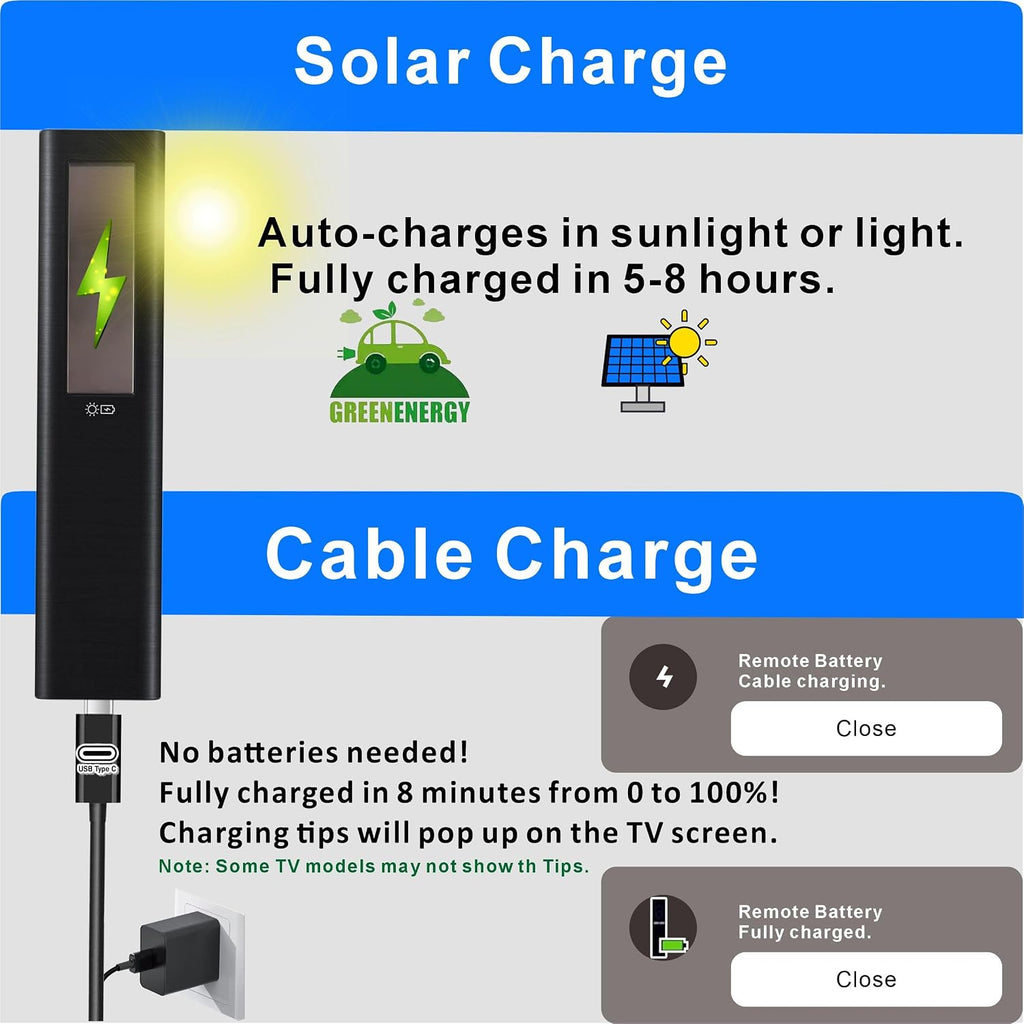 Mando a distancia solar de repuesto para Samsung Smart TV (2018-2025): célula solar recargable, carga USB-C, voz y Bluetooth, neo, QLED, cristal UHD, marco, terraza, sero, serif y monitor