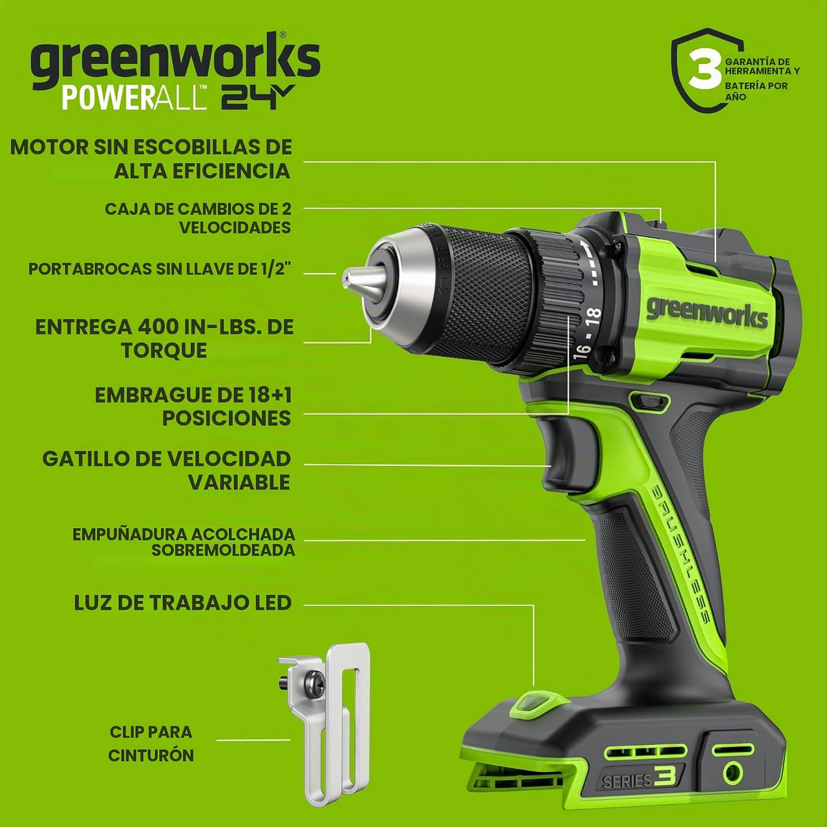 Greenworks - Taladro inalámbrico sin escobillas de 24 V, 400 pulgadas-libras más combo de destornillador de 1950pulgadas-libras, alto par, ligero, (2) baterías USB-C de 2.0 Ah (batería externa de
