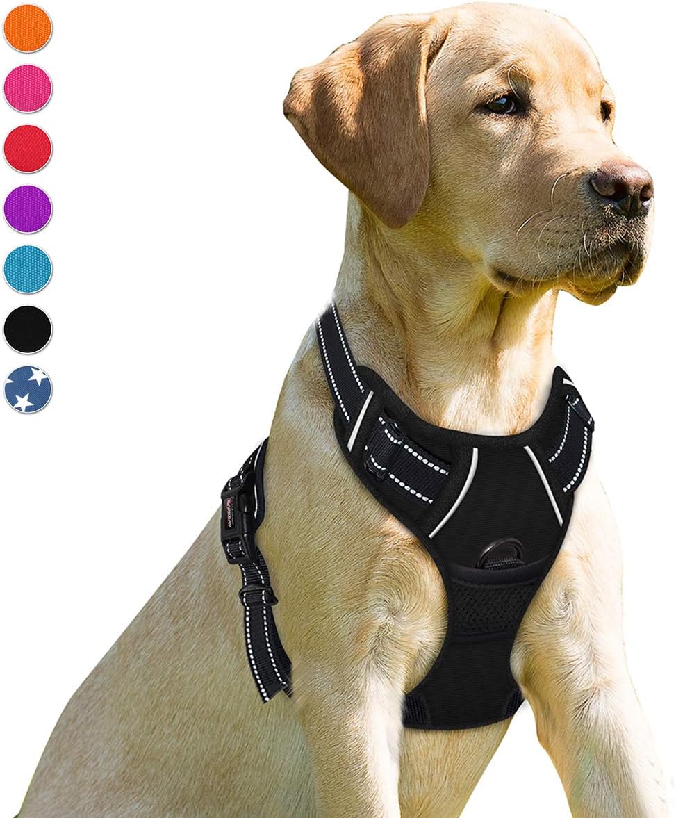 Barkbay Arnés antitirones con clip frontal para perros, material resistente y reflectante, mango de fácil control para pasear perros grandes (color negro, tamaño M)