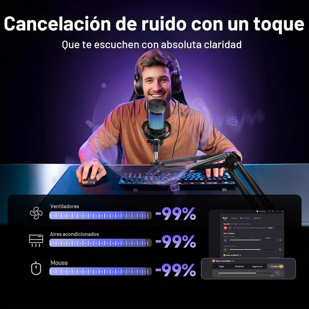 MAONO Micrófono inalámbrico DM40 Pro AI con soporte de brazo de micrófono, cancelación de ruido AI, cambiador de voz AI, toque para silenciar, micrófono de condensador inalámbrico de PC para juegos