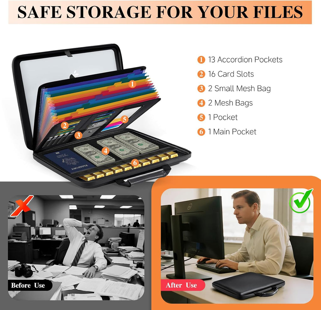 Caja de documentos ignífuga Organizador de archivos: Estuche rígido Caja impermeable ignífuga con cerradura y carpeta de archivos de acordeón de 13 bolsillos, portátil, para oficina en casa, almacenamiento seguro de viaje para documentos y archivos