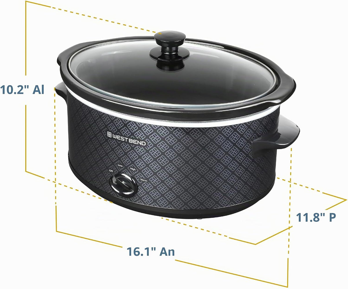 West Bend Olla de cocción lenta manual de 6 cuartos estilo cerámica con olla de cerámica ovalada apta para lavavajillas y tapa de vidrio, dos configuraciones de temperatura más función mantener