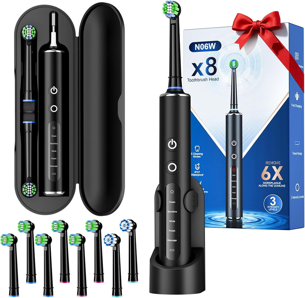 Cepillo de dientes eléctrico para adultos, 8 cabezales de cepillo de repuesto con temporizador inteligente de 2 minutos y 5 modos de limpieza, cepillo de dientes giratorio recargable con