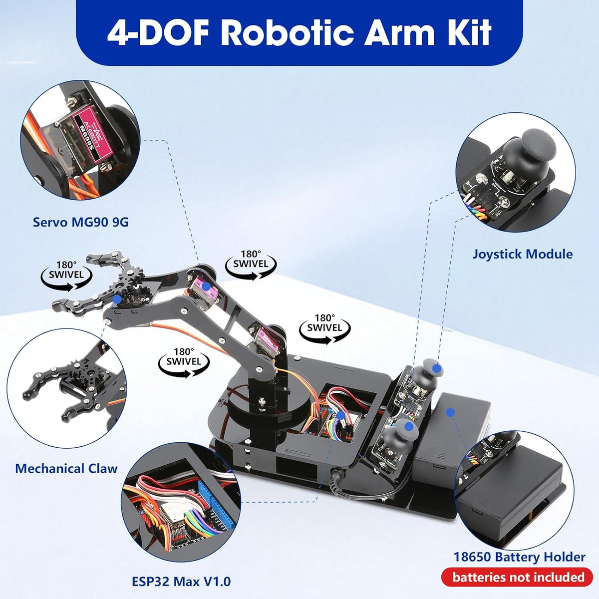 4DOF Kit de brazo robótico para niños compatible con Arduino IDE, programación ESP32 Kit de construcción de brazo robot inteligente STEM juguete educativo de escritorio con joystick y control de
