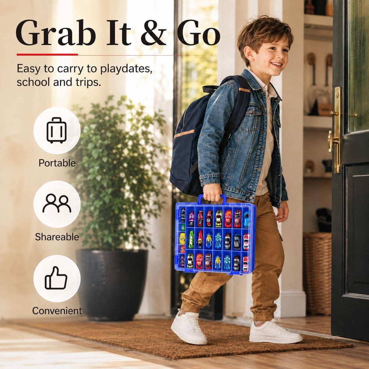 Organizador de juguetes de almacenamiento compatible con Hot Wheels Car, contenedor para coches de fósforos, mini juguetes, muñecas pequeñas, caja de transporte de doble cara para autos