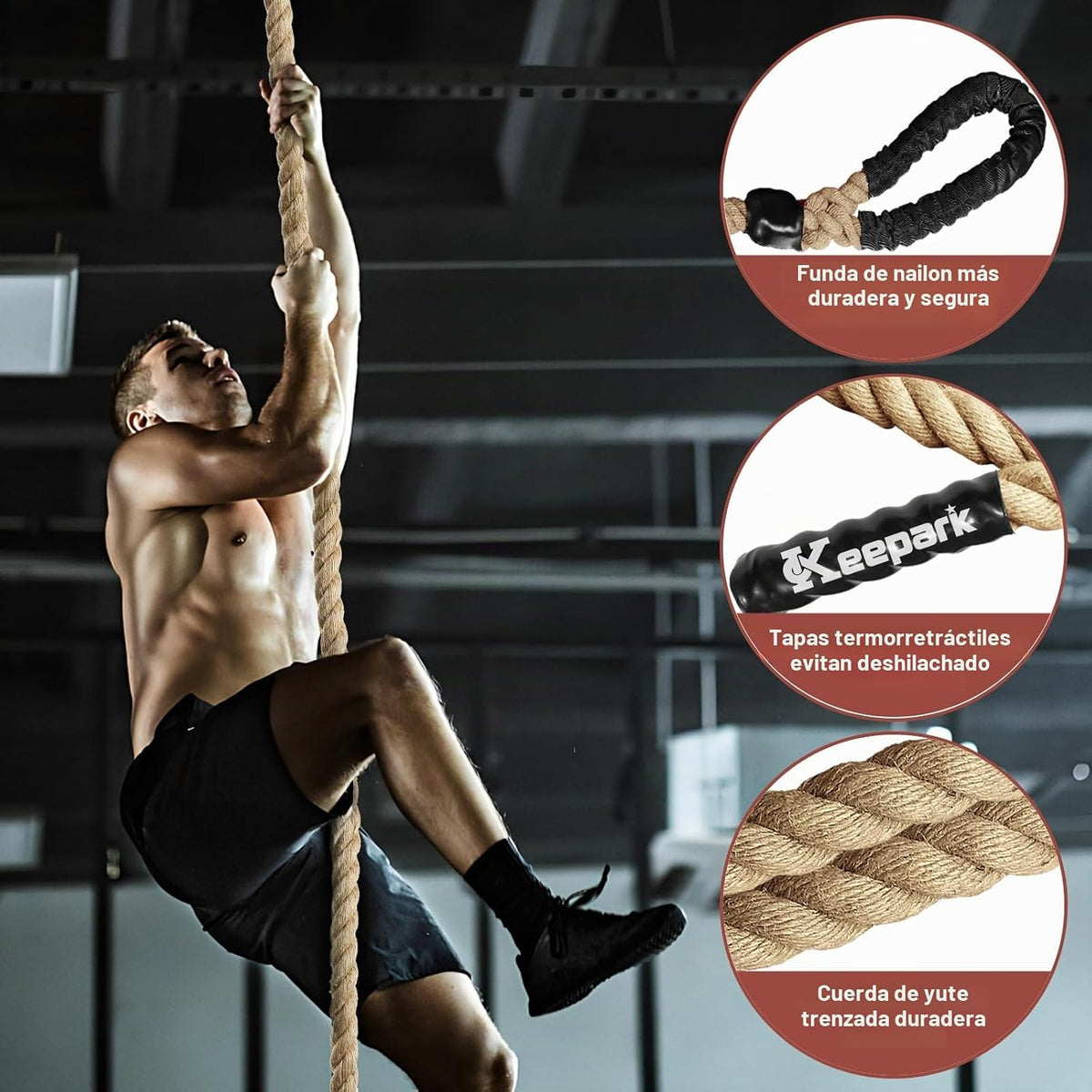 Cuerda de escalar para gimnasio - Cuerdas de ejercicio de 1.5 pulgadas de diámetro en longitudes de 10FT, 15FT, 20FT, 25FT, 30FT, 35FT, 40FT, 50FT para fitness y entrenamiento de fuerza, cuerda de escalada para adultos en casa, interior o exterior