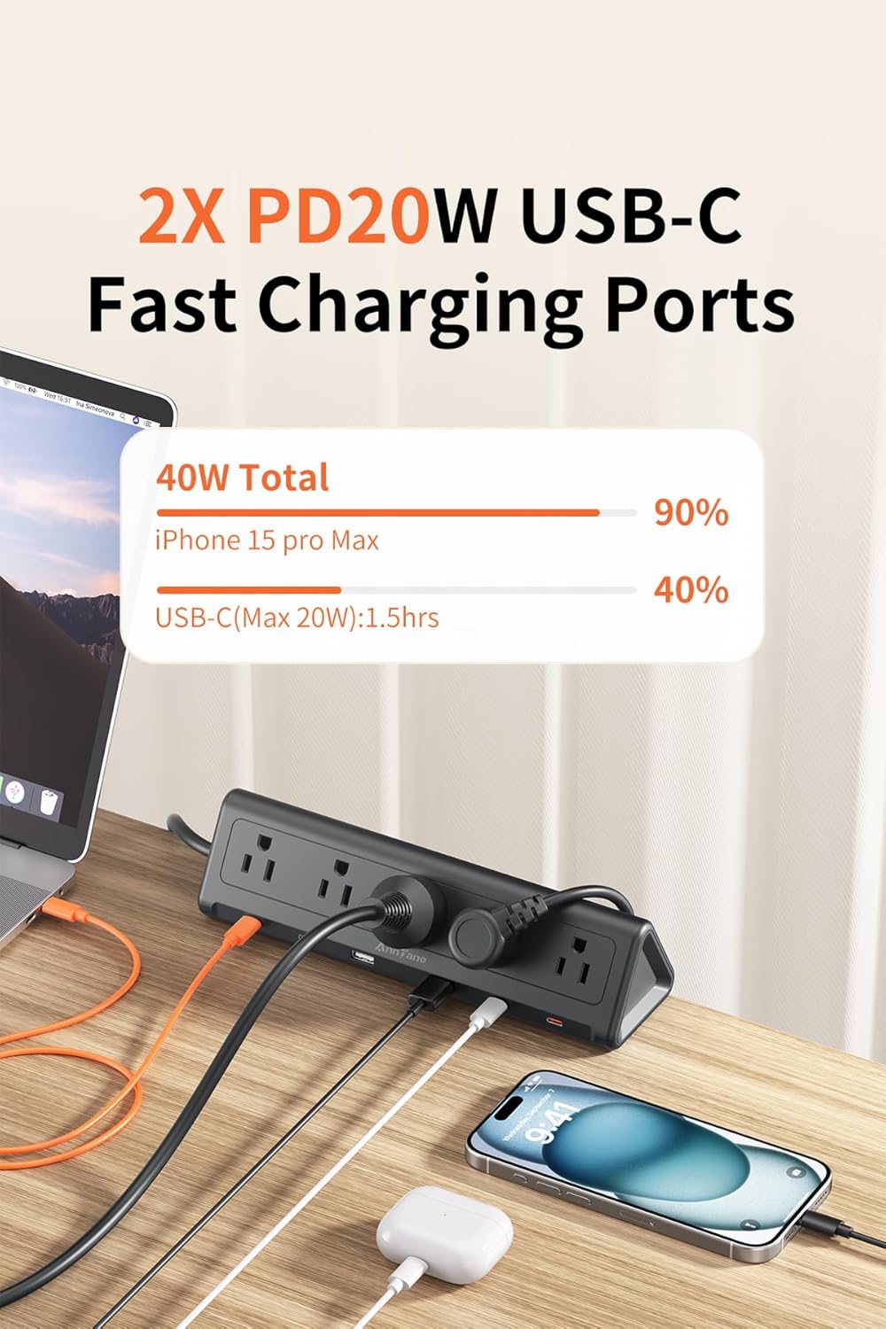 Abrazadera de escritorio USB C, carga rápida de 40 W, 6.5 pies